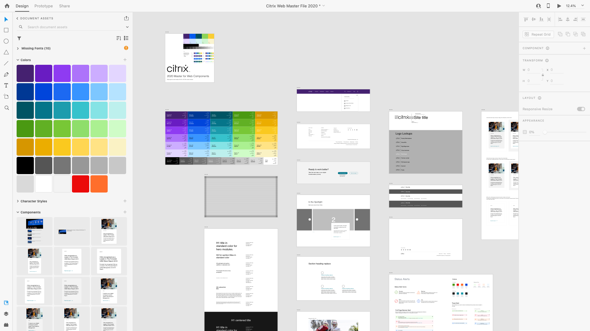 A screenshot of the components in the Citrix design system laid out on the XD canvas.